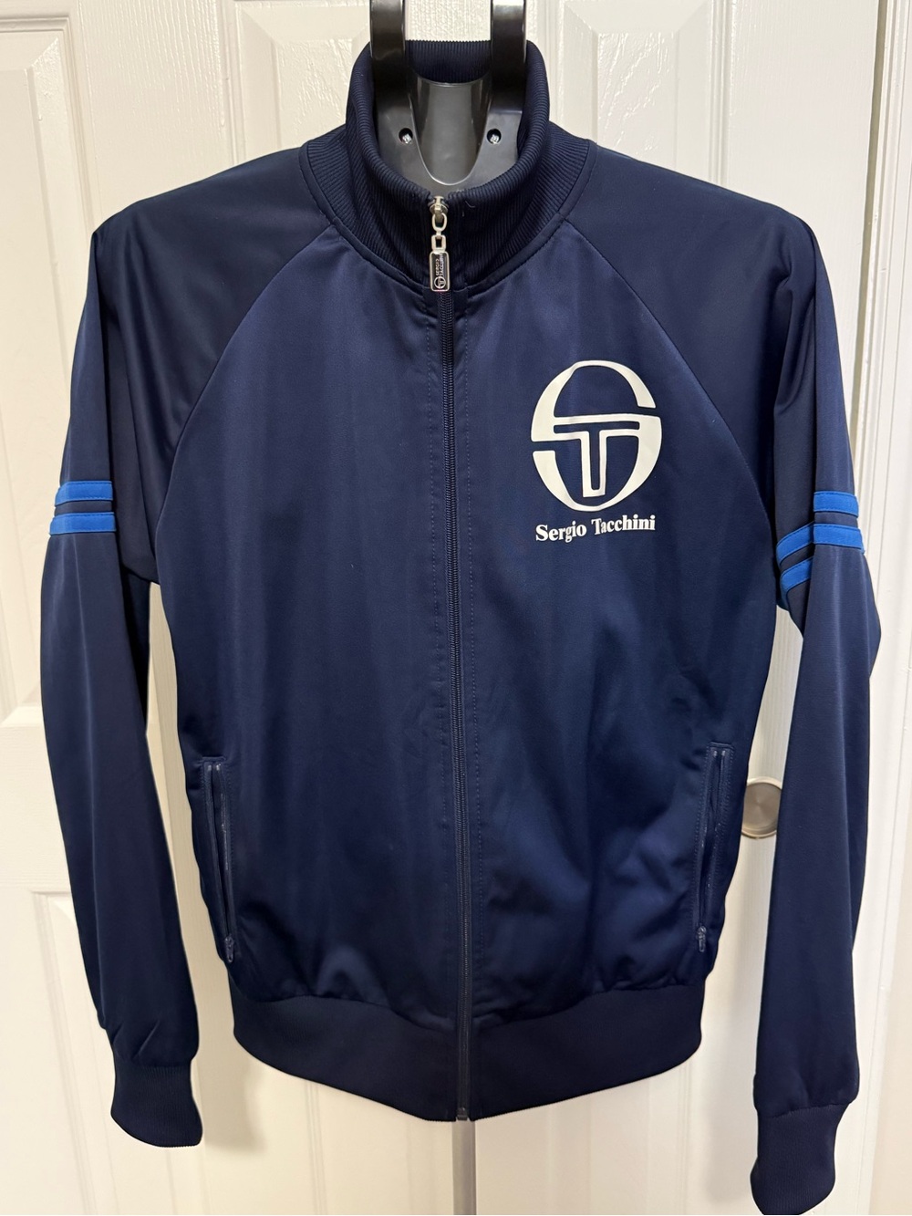 Sergio Tacchini Navy Track Jacket with Sky Blue Stripe Accents